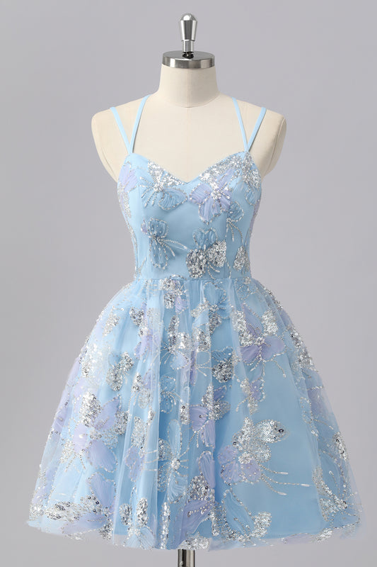 Blue Sparkly Spaghetti Straps Short Homecoming Dress with Sequins