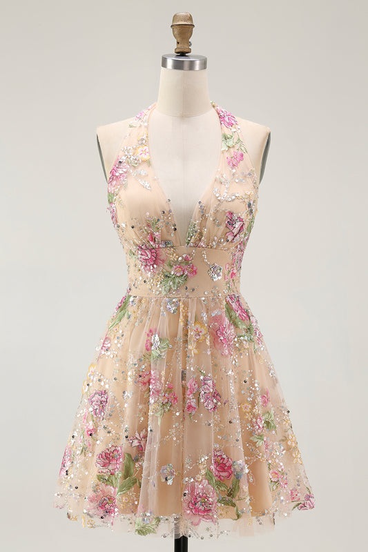 Sparkly Champagne Halter Floral Short Homecoming Dress with Sequins