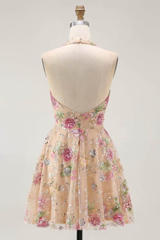 Sparkly Champagne Halter Floral Short Homecoming Dress with Sequins