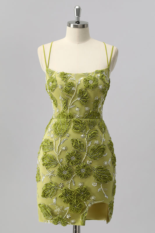 Sparkly Green Cut Out Tight Floral Short Homecoming Dress with Beading