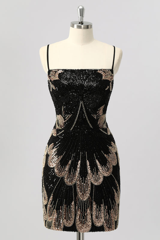 Sparkly Black Beaded Tight Backless Short Homecoming Dress