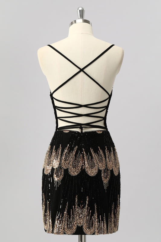 Sparkly Black Beaded Tight Backless Short Homecoming Dress