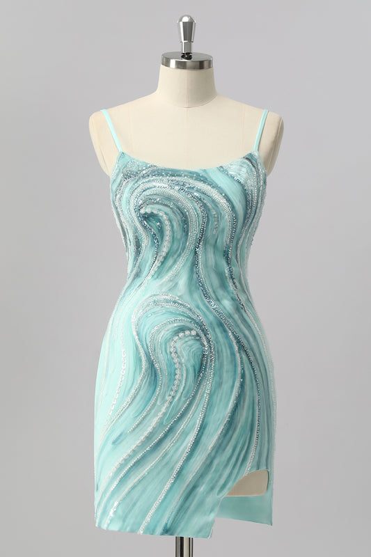 Sparkly Green Beaded Tight Short Homecoming Dress with Slit