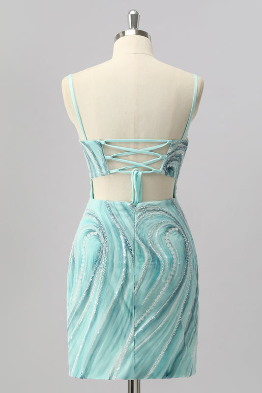 Sparkly Green Beaded Tight Short Homecoming Dress with Slit