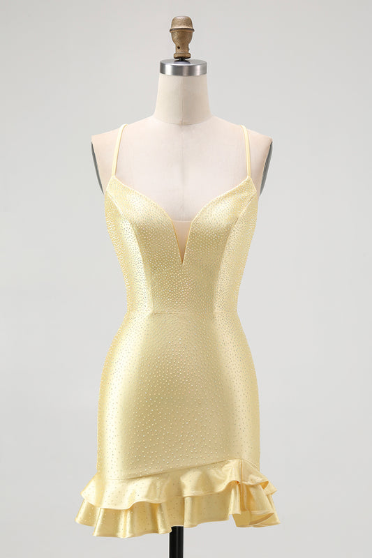 Sparkly Yellow Spaghetti Straps Satin Ruffled Tight Short Homecoming Dress with Beading