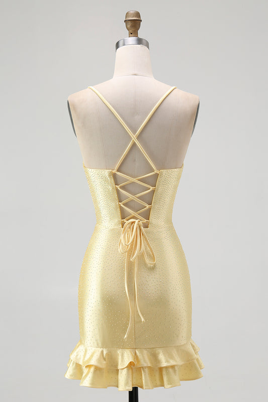 Sparkly Yellow Spaghetti Straps Satin Ruffled Tight Short Homecoming Dress with Beading