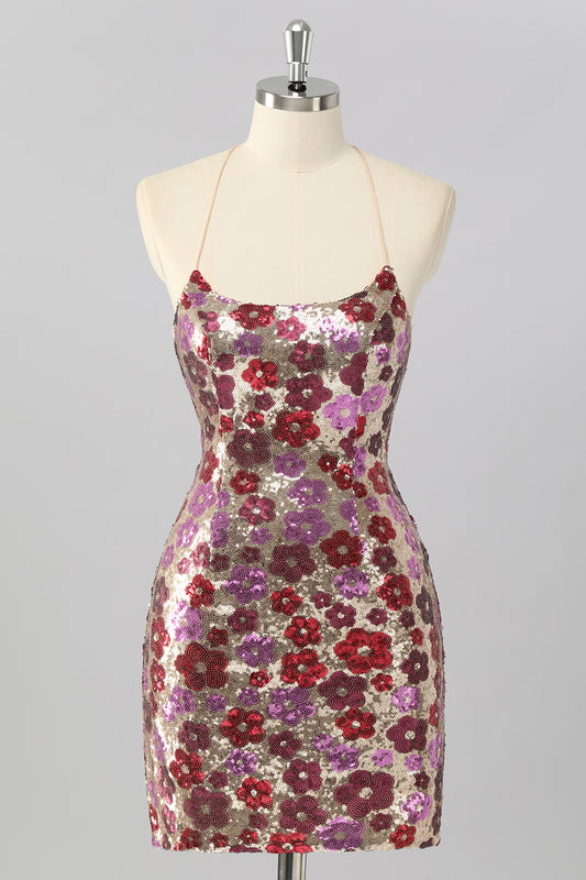 Sparkly Red Floral Sequin Tight Backless Short Homecoming Dress