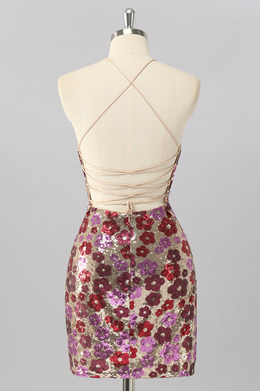 Sparkly Red Floral Sequin Tight Backless Short Homecoming Dress