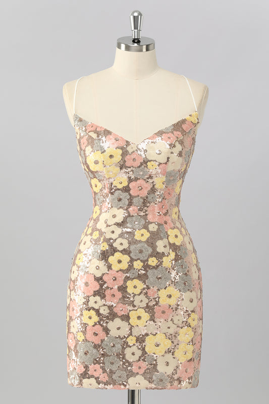 Sparkly Yellow Sequin Floral Backless Tight Short Homecoming Dress