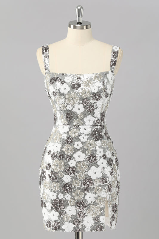 Sparkly Silver Sequins Tight Short Homecoming Dress with Slit