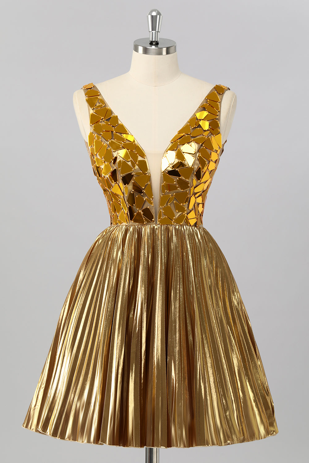 Zapakasa Women Sparkly Golden Mirror Short Homecoming Dress A Line Metallic V-Neck Cocktail Dress