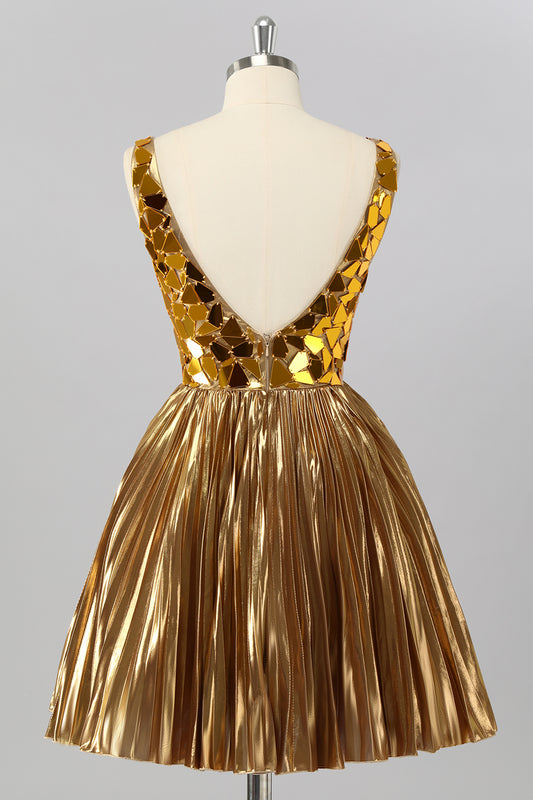 Sparkly Golden A Line Mirror Short Homecoming Dress