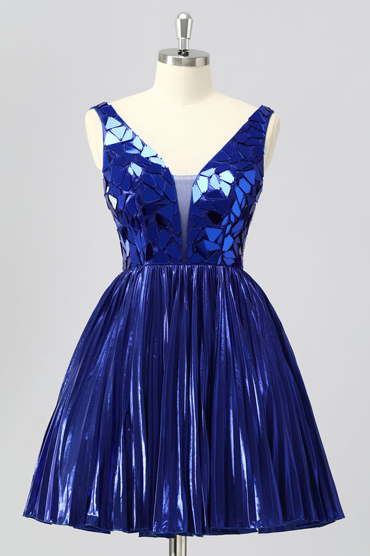 Sparkly Royal Blue Mirror A Line Metallic Short Homecoming Dress