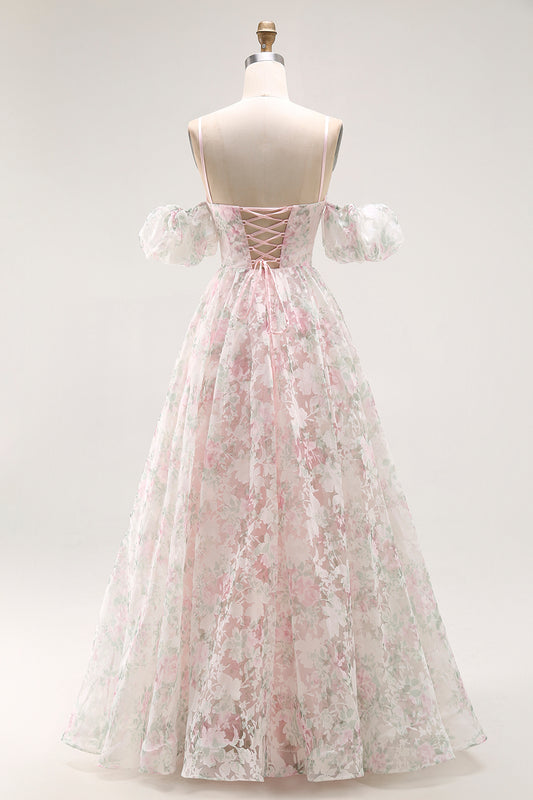 Blush Floral A Line Detachable Sleeves Long Prom Dress