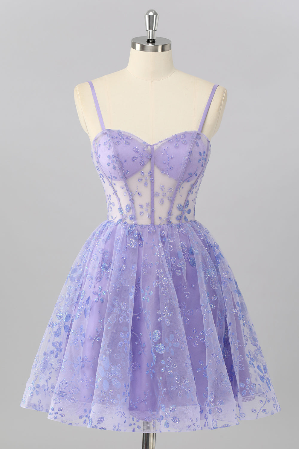 Zapaka Women Purple Homecoming Dress Corset A Line Sequin Spaghetti Straps Short Cocktail Dress, Purple / US24W