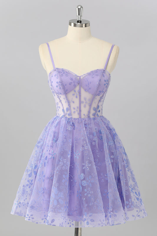 Sparkly Purple Corset A Line Floral Short Homecoming Dress