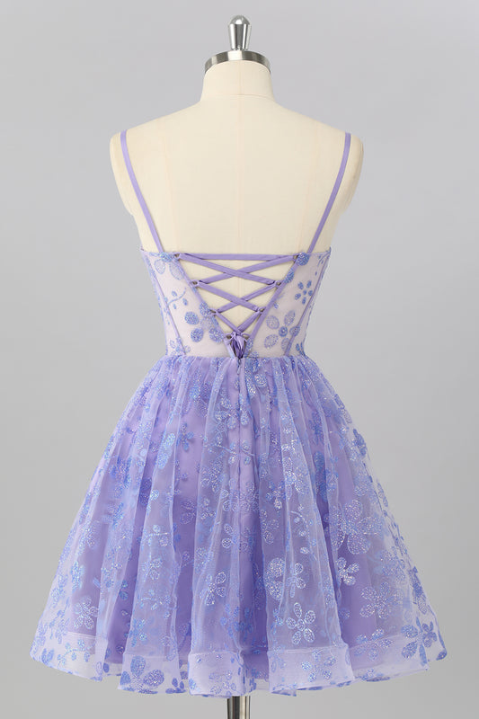 Sparkly Purple Corset A Line Floral Short Homecoming Dress
