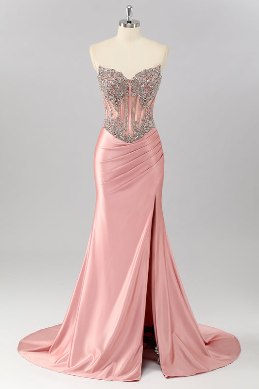 Sparkly Blush Strapless Corset Mermaid Long Prom Dress with Slit