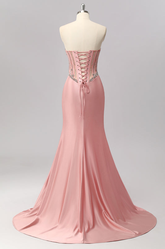 Sparkly Blush Strapless Corset Mermaid Long Prom Dress with Slit