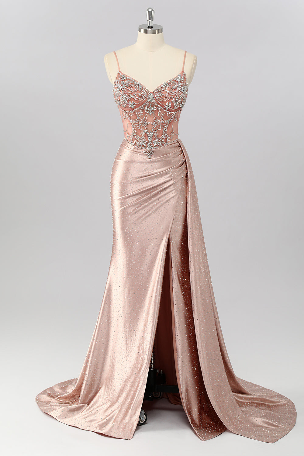 Zapakasa Women Sparkly Blush Beaded Corset Long Prom Dress with Slit Mermaid Spaghetti Straps Lace Up Back Satin Formal Dress with Side Cape Zapakasa Women Sparkly Blush Beaded Corset Long Prom Dress with Slit Mermaid Spaghetti Straps Lace Up Back Satin Formal Dress with Side Cape