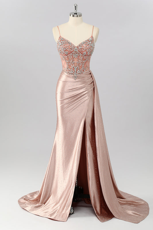 Sparkly Blush Beaded Corset Mermaid Long Prom Dress with Slit