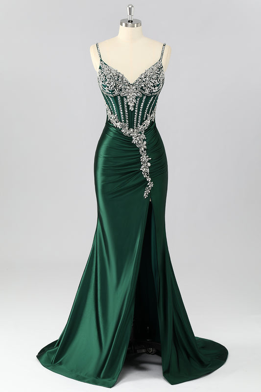 Sparkly Dark Green Corset Mermaid Long Prom Dress with Beading