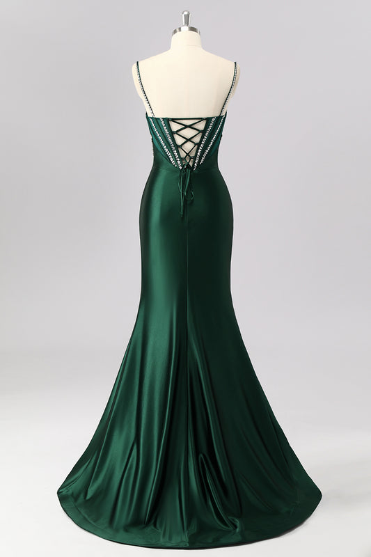 Sparkly Dark Green Corset Mermaid Long Prom Dress with Beading