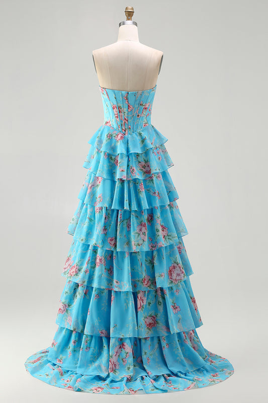 Floral Blue A Line Tiered Long Corset Prom Dress with Slit