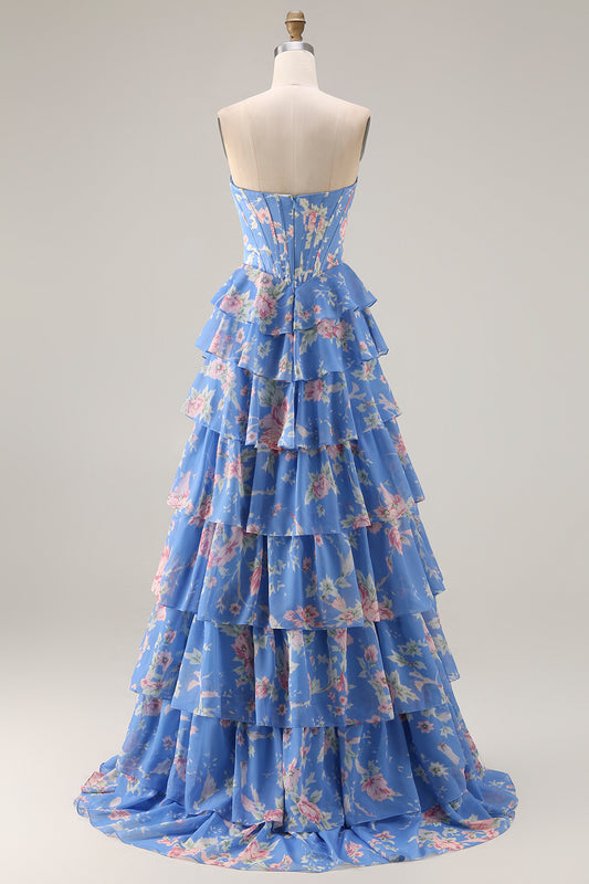 Floral Dark Blue A Line Tiered Ruffled Long Corset Prom Dress with Slit