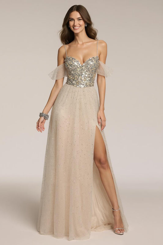 Sparkly Champagne Spaghetti Straps Sequin A-Line Long Formal Dress with Slit