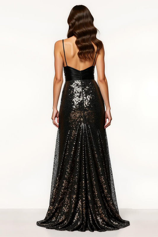 Sparkly Black Spaghetti Straps Sequin Mermaid Long Formal Dress with Bow