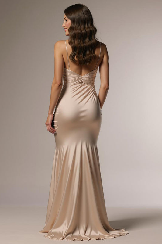 Champagne Spaghetti Straps Ruched Mermaid Long Formal Dress with Slit