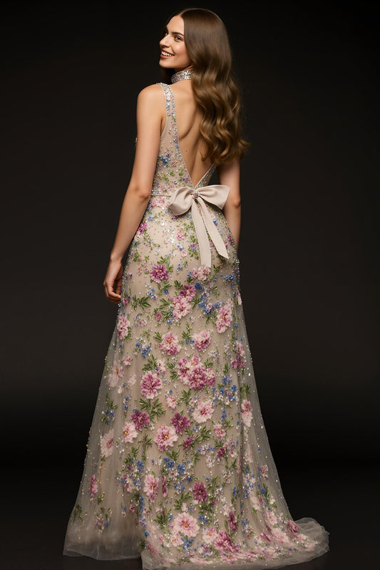 Sparkly Champagne Floral V-Neck Mermaid Long Formal Dress with Beading