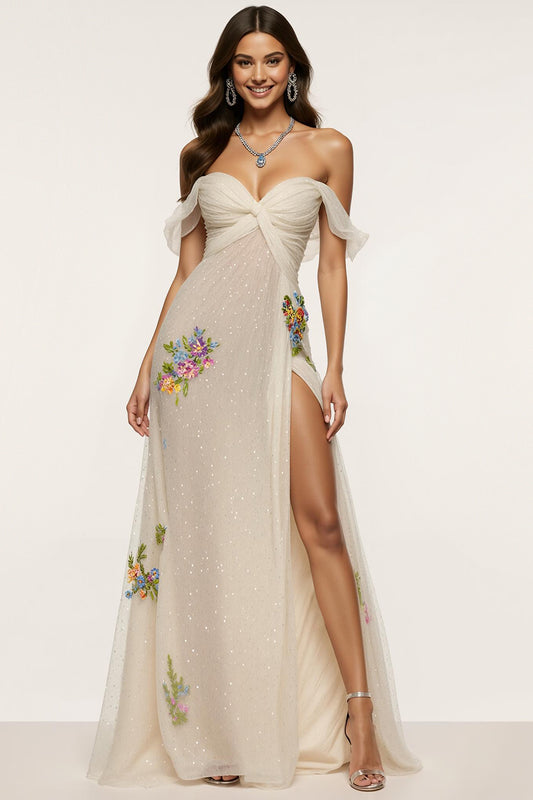 Sparkly Ivory Floral Off the Shoulder Mermaid Long Formal Dress with Slit