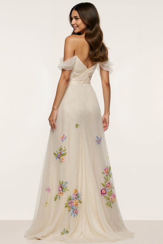 Sparkly Ivory Floral Off the Shoulder Mermaid Long Formal Dress with Slit