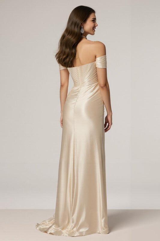Champagne Mermaid Off the Shoulder Satin Ruched Long Formal Dress with Slit