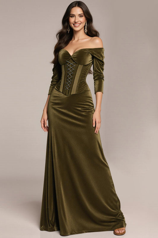 Green Off the Shoulder Velvet Corset Long Formal Dress with Sleeves