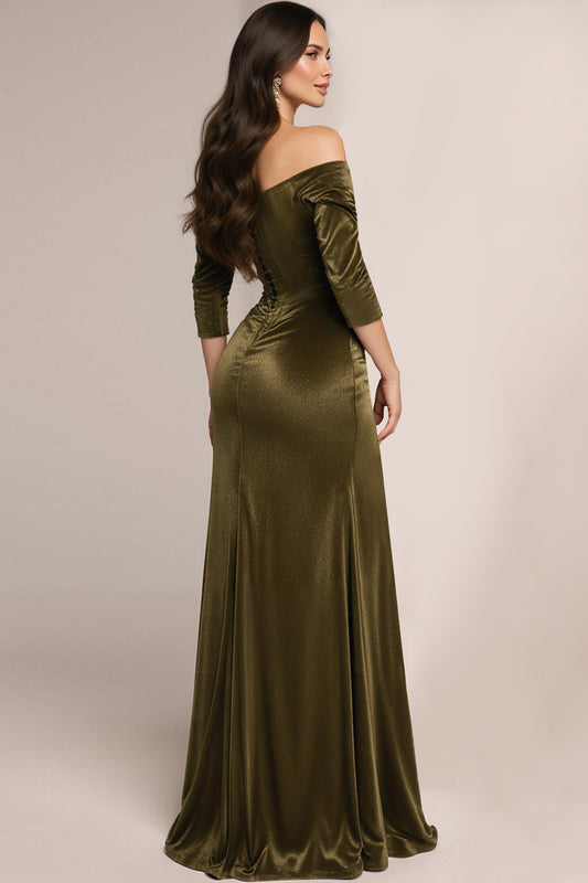 Green Off the Shoulder Velvet Corset Long Formal Dress with Sleeves