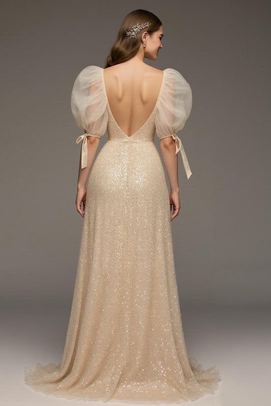 Sparkly Champagne Sequin Puff Sleeves Mermaid Long Formal Dress with Slit