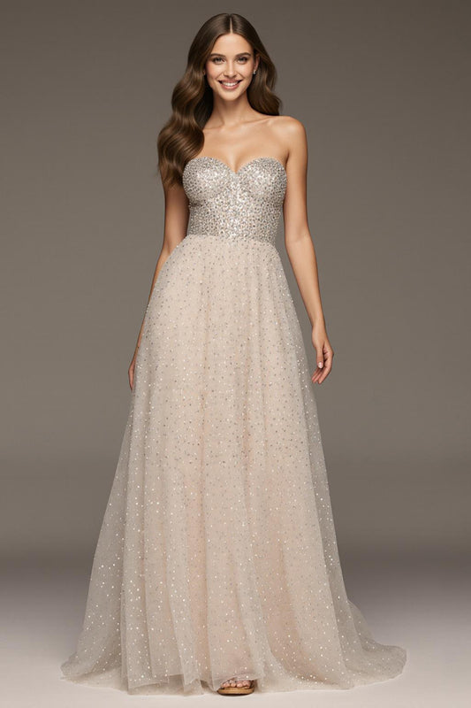 Sparkly Ivory Sweetheart Sequin A-Line Long Formal Dress