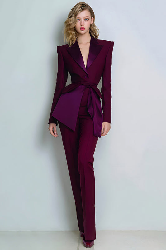 2 Piece Burgundy Peak Lapel Prom Suits with Sash