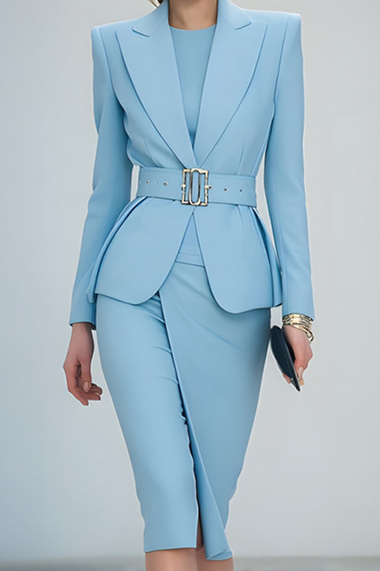 Blue 2 Piece Peak Lapel Pencil Midi Business Suits with Belt