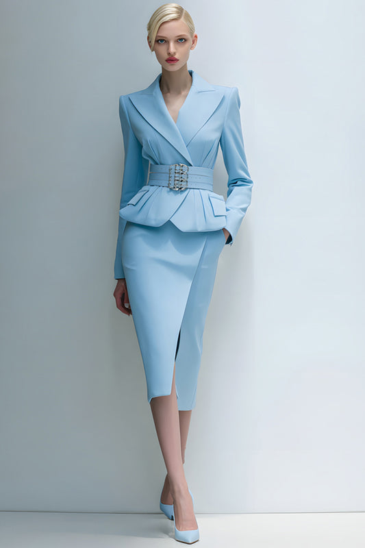 Blue Peak Lapel 2 Piece Midi Pencil Business Suits with Pockets