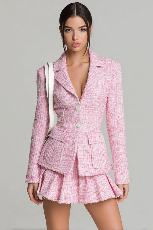 Pink 2 Piece Tweed Single Breasted A Line Short Pageant Interview Outfits with Pockets