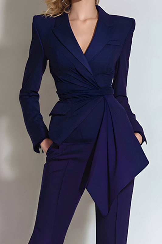 Dark Purple 2 Piece Ruched Slim Fit Long Sleeves Prom Suits with Sash
