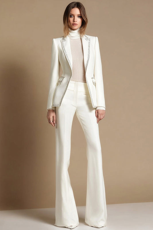 Sparkly White 2 Piece Peak Lapel Long Sleeves Prom Suits with Beading