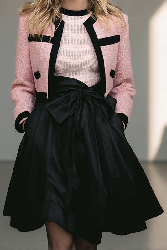 Black Pink 2 Piece A Line Tweed Short Pageant Interview Outfits with Bow