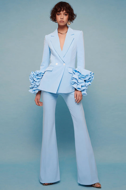 2 Piece Blue Notched Lapel Long Sleeves Prom Suits with Ruffles