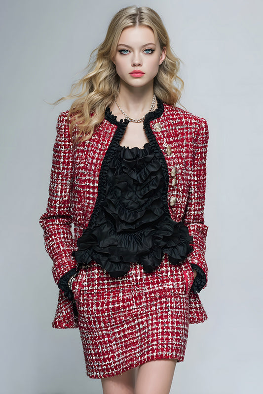 2 Piece Red Grid Tight Tweed Short Pageant Interview Outfits with Ruffles