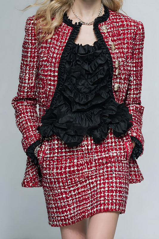 2 Piece Red Grid Tight Tweed Short Pageant Interview Outfits with Ruffles